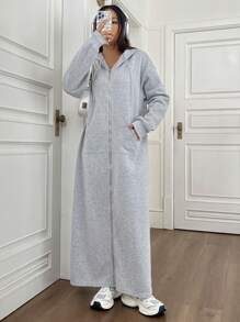 SHEIN Unity 拉鍊帽衫,長款,帶束帶 - 灰色 - 查看 1