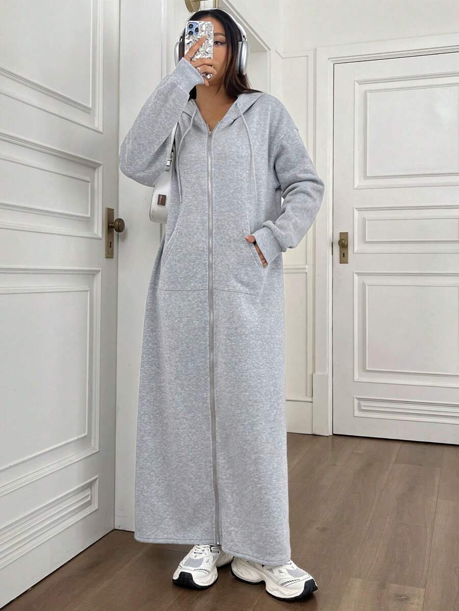 SHEIN Unity 拉鍊帽衫,長款,帶束帶 - 灰色 - 查看 1