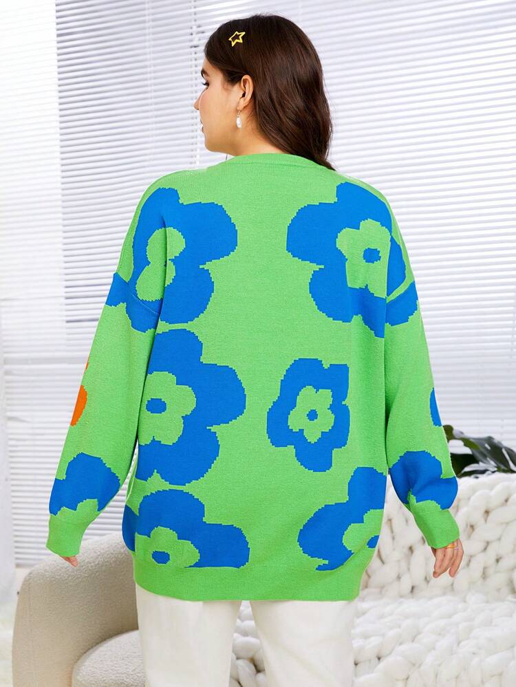Women'S Plus Size Floral Pattern Round Neck Drop Shoulder Sweater