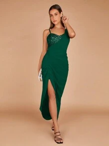 SHEIN Belle Asymmetrical Neck Contrast Sequin Ruched Split Thigh Cocktail Dress - Green - View 4