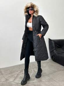 EURMUSE Women'S Long Quilted Padded Jacket With Fur Collar - Black - View 5