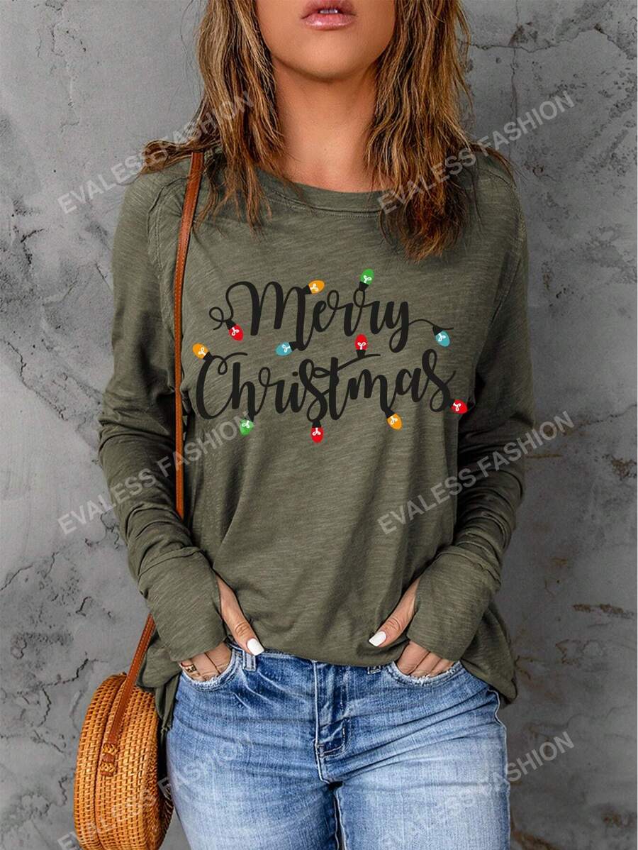 T-shirt À Manches Raglan Graphique Merry Christmas & Illumination