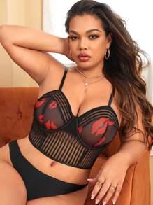 大码唇印网眼文胸、内衣 - 黑色 - 查看 2