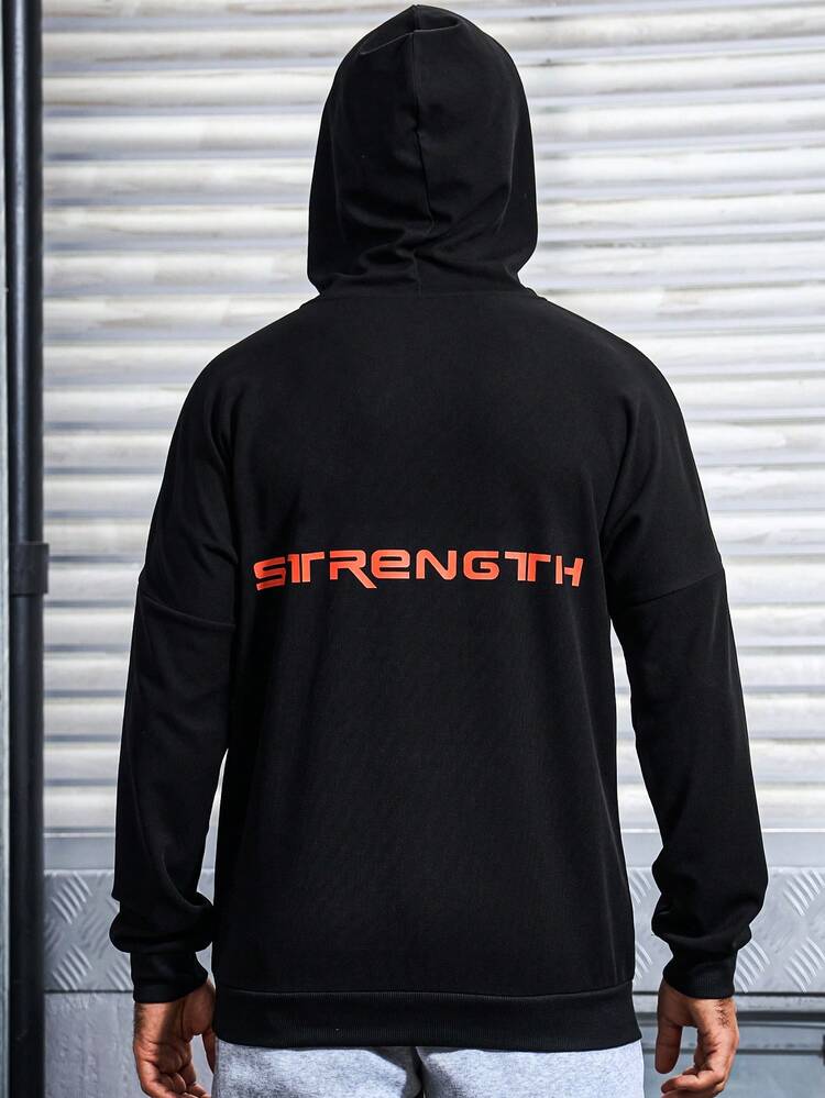 Men's Slogan Print Drawstring Hooded Track Jacket Workout Tops Sports Jacket