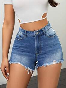 Women's Distressed Frayed Hem Denim Shorts - Medium Wash - View 3