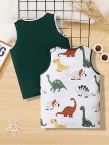 SHEIN Young Boy 2pcs/Set Cute Comfortable Cartoon Dinosaur Pattern Colorblock Hem Tank Top - Green - View 2