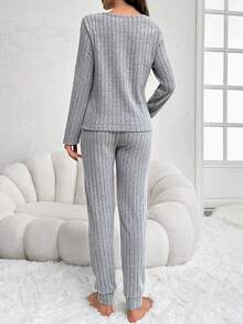SHEIN Thai sản In thư Đồ đan Ribbed Bộ đồ ngủ - Xám - Xem 2