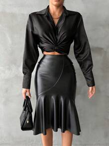 EURMUSE Women's Pu Leather Mermaid Hem Skirt - Black - View 5