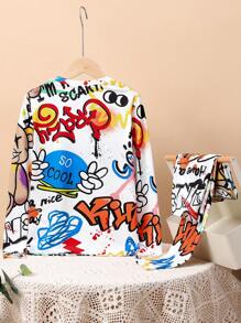 SHEIN 青少年男生合身休閒卡通熊印花圓領t恤和長褲緊身居家服套裝 - 白色 - 查看 2