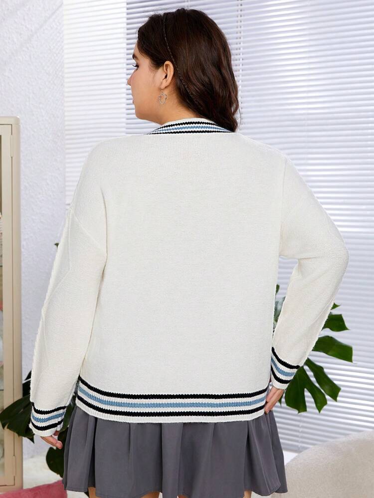 Plus Size Sweater With Letter Pattern, Stripe Detail And Contrast Trim