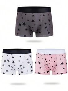 Men's Multicolor Geometric Star Print Knitted Fabric Trunks With Contrast Binding, Medium Stretch Boxer Briefs - Multicolor - View 6