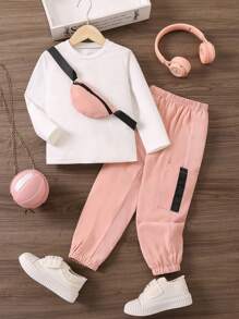 SHEIN Bé gái Đơn giản giản dị Hợp thời Niềm vui Túi Sling Tay áo dài Dài Quần Bộ - Nhiều màu - Xem 1