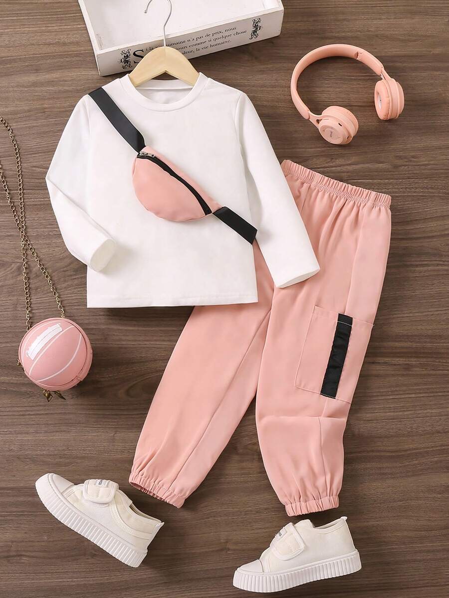 SHEIN Bé gái Đơn giản giản dị Hợp thời Niềm vui Túi Sling Tay áo dài Dài Quần Bộ - Nhiều màu - Xem 1