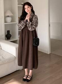 Dazy Star Women's Plaid Patchwork 2 In 1 Dress Shirt Dress,Fall Clothes Long Sleeve Dress