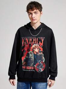 SHEIN Sudadera con capucha de estilo casual y de rock para adolescentes con estampado - Negro - Ver 5