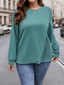 SHEIN LUNE Plus Size Split Hem Sweatshirt - Cadet Blue - View 5