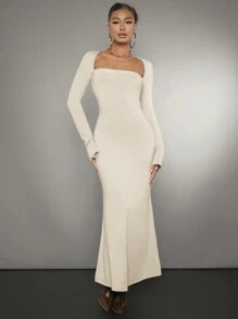 SHEIN BAE 女士方領短袖修身長裙