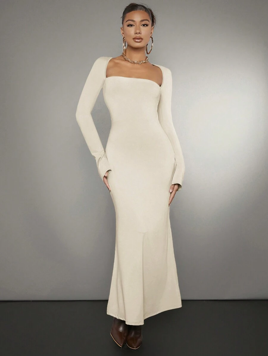 SHEIN BAE 女士方領短袖修身長裙