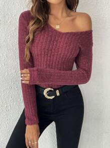 SHEIN Frenchy Solid V Neck Tee Winter Christmas Red New Year Burgundy Casual Spring Valentine's Day - Burgundy - View 3