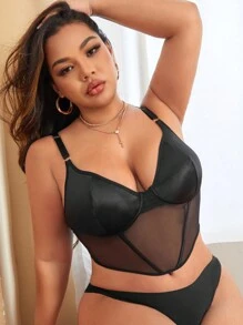 Plus Size Bras & Bralettes Kontras Mesh Sheer Plain - Hitam - View 3