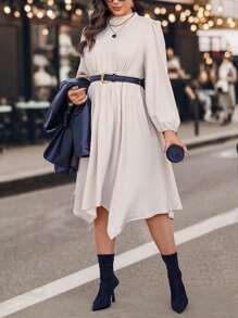 SHEIN Unity Plus Mock Neck Lantern Sleeve Hanky Hem Dress Without Belt Fall Cloth For Women - Apricot - View 3