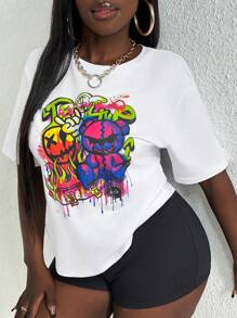 Slaydiva Women's Letter & Cartoon Pattern Drop Shoulder Top And Shorts Set - Multicolor - View 4