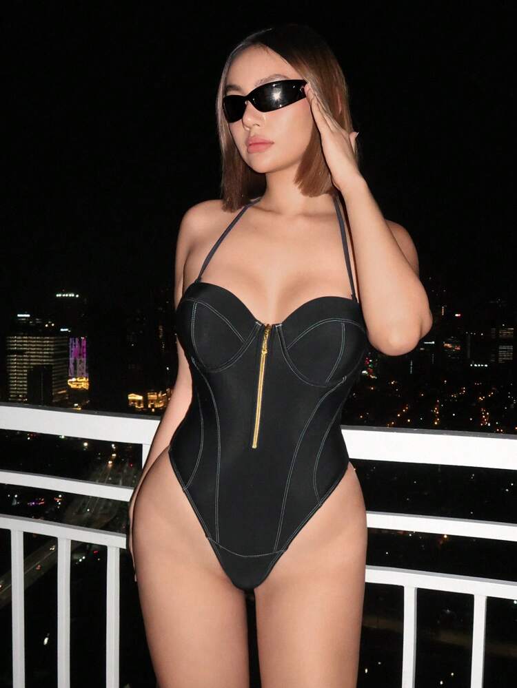 Women'S One-Piece Swimsuit With Front Zipper And Halter Neck Summer
