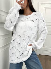 SHEIN Unity Fashionable All-Match Hollow Knit Drop Shoulder Sweater For Women Knit Pullover Fall Winter Sweater - White - View 5