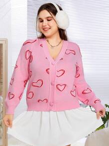 SHEIN EZwear Cárdigan De Talla Grande Con Patrón De Corazón Y Hombros Caídos - Multicolor - Ver 1