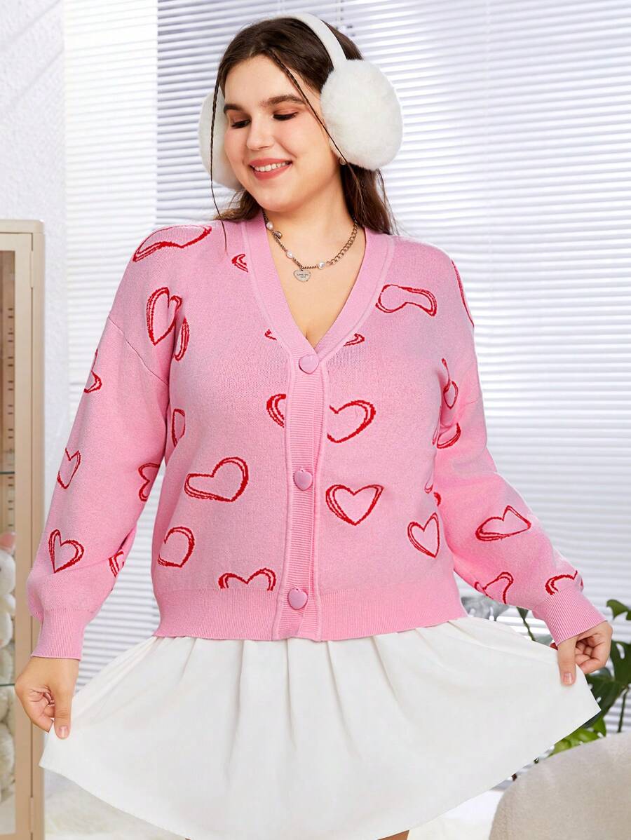 SHEIN EZwear Cárdigan De Talla Grande Con Patrón De Corazón Y Hombros Caídos - Multicolor - Ver 1