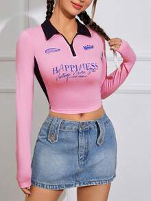 SHEIN EZwear Đồ họa Khẩu hiệu Cổ áo tương phản Áo phông Crop - Nhiều màu - Xem 2