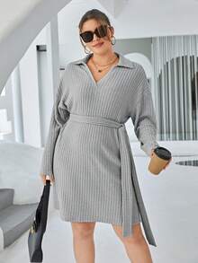 SHEIN Essnce 大码纯色落肩系带连衣裙 - 淺灰色 - 查看 3