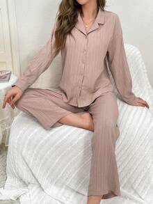 女款前扣長袖上衣長褲睡衣套裝 - 卡其色 - 查看 3