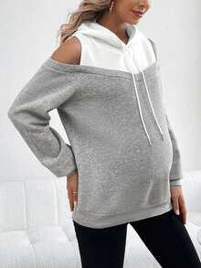 SHEIN Thai sản Khối màu Vai lạnh Dây rút Áo nỉ có mũ - Nhiều màu - Xem 5