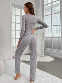 Conjunto De Pijama Para Mujer Con Encaje Y Costilla De Tejido - Gris - Ver 2