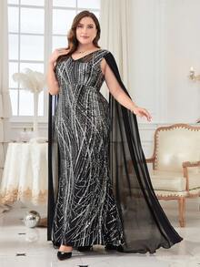 Sequin Patchwork Chiffon Dress - Black - View 3