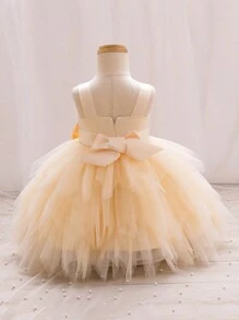 SHEIN Glamorique Kids Champagne gelaagde tule jurk voor babymeisjes met strik, perfect voor verjaardagsfeestjes, avondevenementen, bruiloften, doopfeesten en eerste verjaardagen