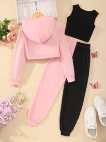 SHEIN 3入組青少年女孩運動風字母印花連帽衛衣,背心及色塊褲子秋冬休閒裝 - 粉色 - 查看 2