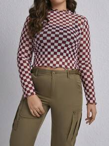 SHEIN EZwear Của phụ nữ Kích thước lớn Họa tiết Lưới Lưới Áo Với Hoa In ấn - Màu Đỏ Sâu - Xem 3