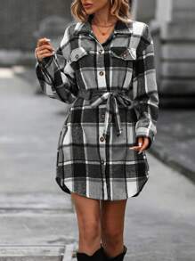 SHEIN LUNE Vestido-camisa A Cuadros Con Hombros Caídos Y Cinturón - Multicolor - Ver 1