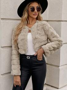 SHEIN Clasi 純色短款毛絨夾克 - 卡其色 - 查看 6