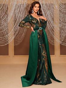 YISIKADO Vestido De Fiesta Para Mujer De Larga Cola Con Lentejuelas De Color Sólido Y Diseño De Paneles - Verde Oscuro - Ver 6