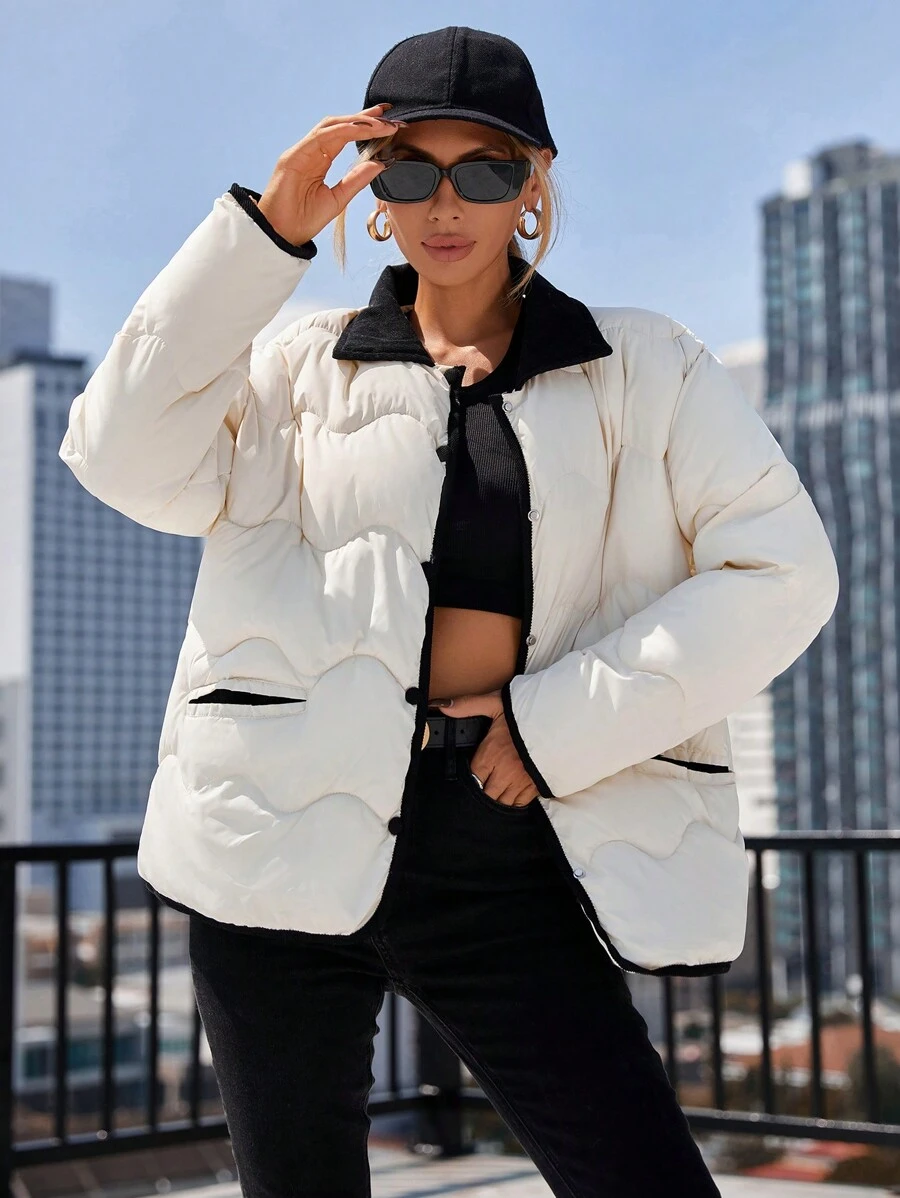 SHEIN Essnce Casual Minimalistic Contrast Color Trim Padded Coat, Winter - Black and White - View 1