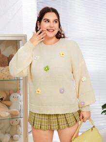 SHEIN MOD Jersey De Talla Grande Con Cuello Redondo Y Decoración De Flores
