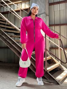 SHEIN EZwear 大尺碼女式腰帶運動衫酷連身褲 - 玫紅色 - 查看 5
