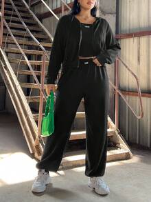 SHEIN EZwear 3 件/套大尺碼運動衫、背心和褲子 - 黑色 - 查看 4