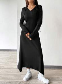 SHEIN EZwear 黑色v領帽裝時尚女裝連衣裙 - 黑色 - 查看 5