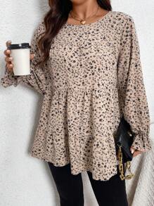 SHEIN Clasi Plus Size Floral Print Ruffled Hem Shirt Peplum Top - Khaki - View 1