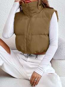 SHEIN EZwear 純色無袖填充背心外套 - 卡其色 - 查看 5