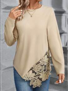 SHEIN LUNE Lace Splicing Asymmetrical Hem T-shirt - Apricot - View 4